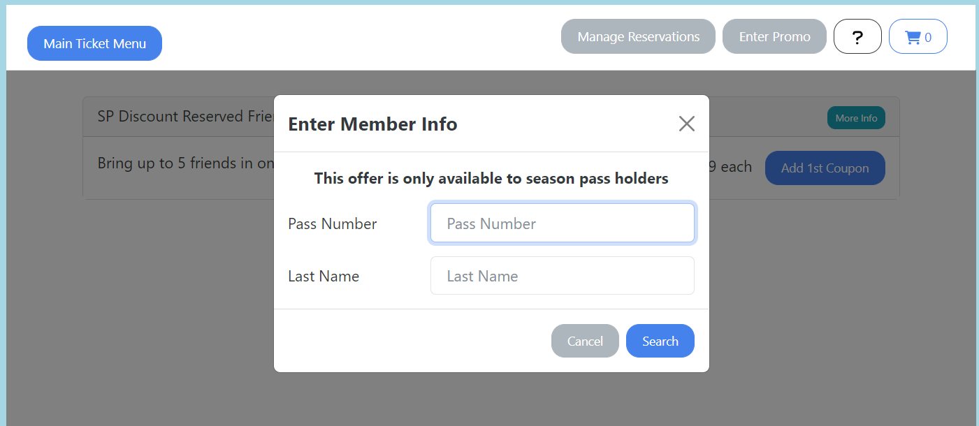 Enter Pass Number and Last Name screenshot from Coretech Systems online ticket store